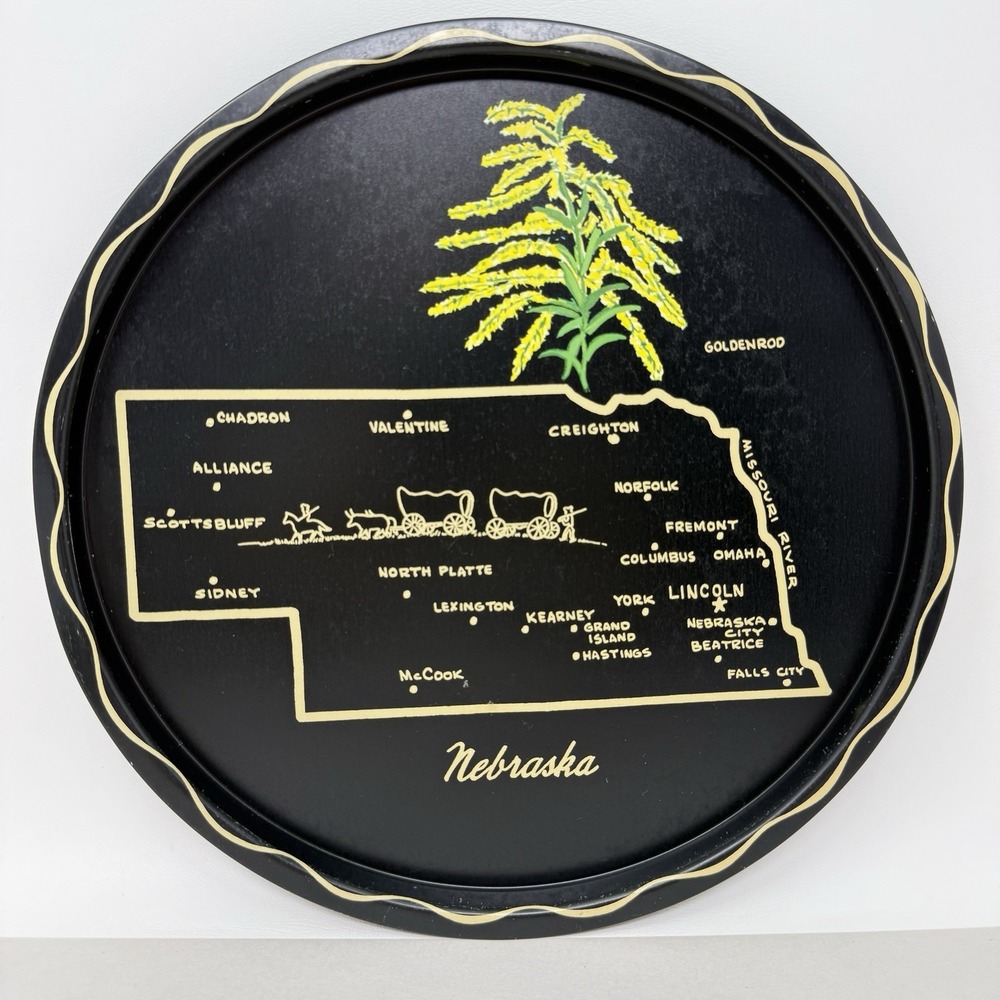 Vintage Nebraska State Tray MCM Kitschy Barware Graphic Souvenir Decor Platter
